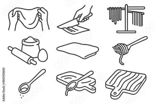 Artisan Pasta Icons. Line style icons of Artisan Pasta Making: Dough Pulling, Knife Cutting, Drying Rack, Fresh Ingredients;