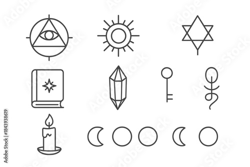 Esoteric Symbols Icons. Line style icons of Esoteric Symbols: Occult Sign, Secret Meaning, Esoteric Drawing, Initiate Knowledge;