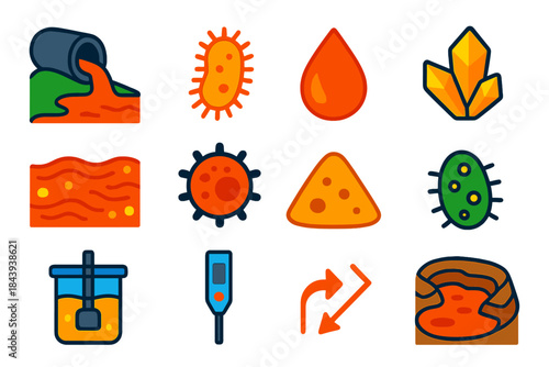 Acid Mine Organism Icons. Flat vector icons of acid mine drainage organisms: acid stream, iron-oxidizing bacteria, red water