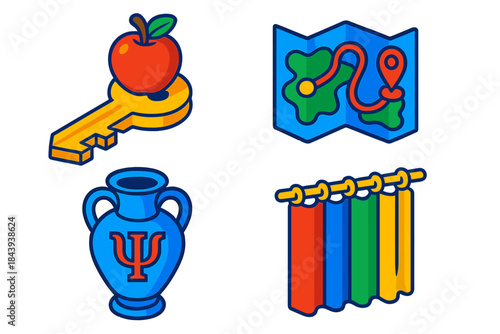 Visual Mnemonic Icons. Isometric vector illustration set Visual Mnemonic Devices: Key with image, map with path, symbol-coded vase