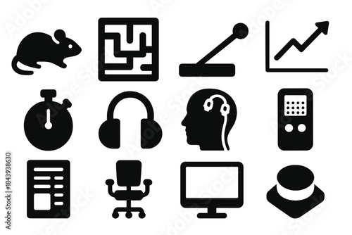 Solid Psychology Icons. Solid style icons of Experimental Psychology: Lab Rat, Maze, Lever, Graph, Stopwatch, Headset, Electrodes,