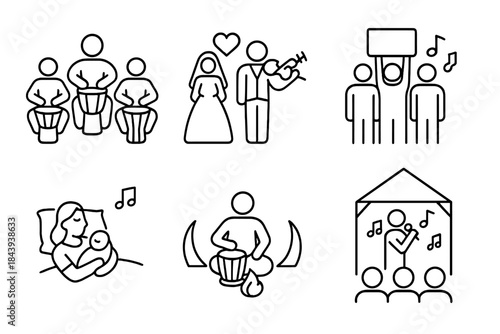 Music's Societal Influence Icons. Line style icons of Music’s Role in Society: community drum circle, wedding musicians, protest