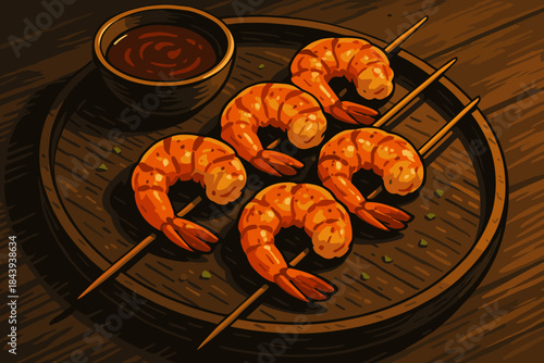Grilled Shrimp Delight. Grilled shrimp skewers served with dipping sauce on a rustic wooden plate, rich golden tones, dramatic