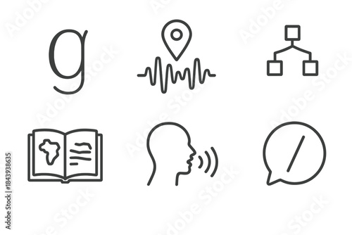 Dialectology Icon Set. Line style icons of Dialectology Concepts: phonetic symbol, sound wave with region pin, dialect tree,