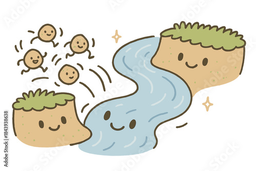 Cheerful Riverbank Dynamics. Cute doodle erosion and deposition processes with cheerful riverbanks, cartoon sediment grains