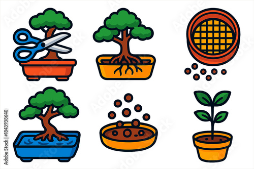 Bonsai Growth Techniques. Isometric vector illustration set Bonsai Growth Techniques: clip-and-grow method, root pruning tray,