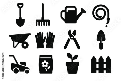 Gardening Tools Icons. Solid style icons of Gardening tools: shovel, rake, watering can, hose, wheelbarrow, garden gloves, pruner,