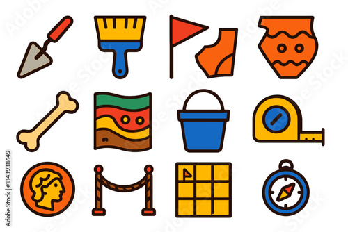 Vintage Archaeology Icons. Flat vector icons of Vintage Archaeology: excavation trowel, dusting brush, site marker flag, pottery
