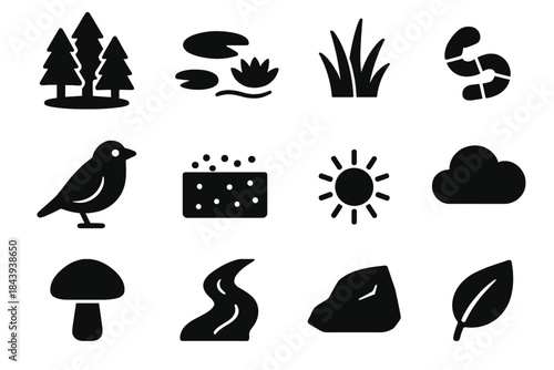 Ecosystem Icons Set. Solid style icons of ecosystem components and interactions: forest, pond, grass, bird, soil, worm, mushroom,