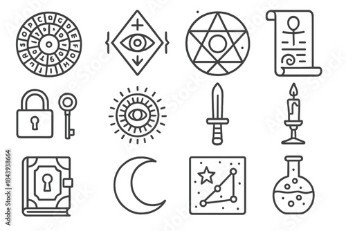 Mystical Line Icons. Line style icons of Hidden Knowledge: Cipher Wheel, Occult Mark, Arcane Diagram, Initiation Scroll; Lock and