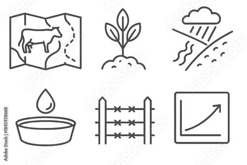 Pasture Management Icons. Line style icons of Pasture and Range Management: grazing map, native plant icon, erosion control symbol