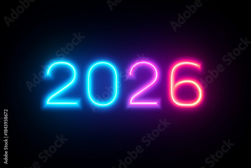 Glowing neon 2026 lettering in rounded type with blue magenta gradients