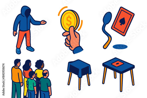 Street Magic Performance. Isometric vector illustration set Street Magic: magician with hoodie, coin trick, bent spoon, levitating