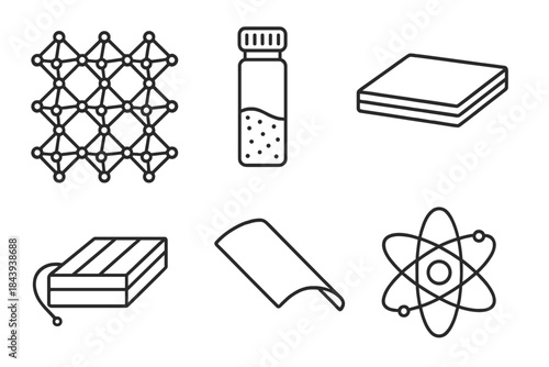 Perovskite Material Icons. Line style icons of Perovskite Materials: crystal lattice icon, lab vial with powder, perovskite film