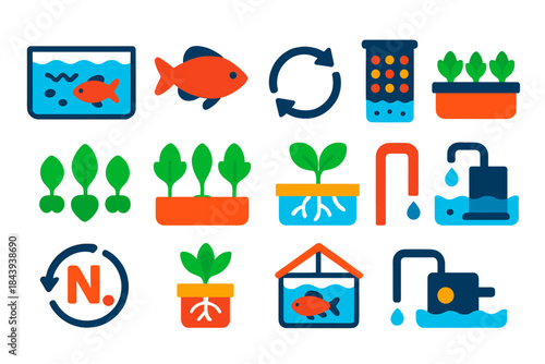 Aquaponics Icon Set. Flat vector icons of aquaponics: fish tank, tilapia fish, water circulation arrow, biofilter unit, grow bed,
