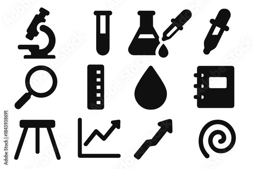 Laboratory Tools Icons. Solid style icons of laboratory and experimental tools: microscope, test tube, flask, pipette, magnifying