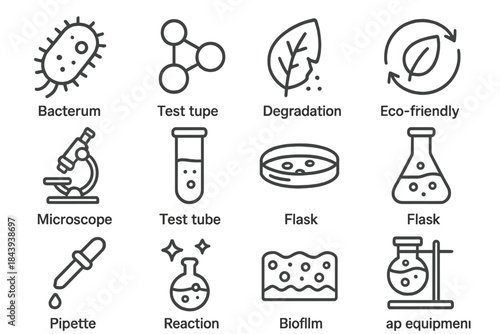 Pollution Remediation Icons. Line style icons of Pollution Remediation: Bacterium, Polymer Molecule, Degradation, Eco-Friendly