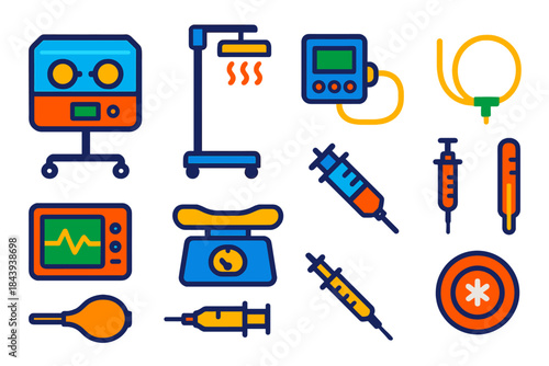Neonatal Equipment Icons. Flat vector icons of Neonatal Equipment: incubator unit, radiant warmer, IV pump, oxygen tube, heart
