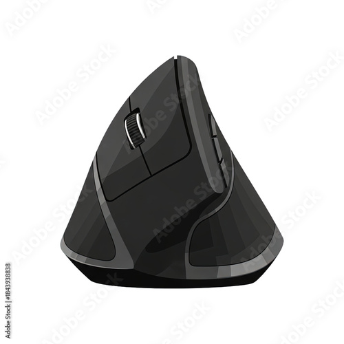 A sleek black computer mouse on a white surface viewed from the side