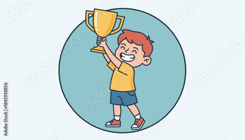 A young boy proudly holding up a trophy his face beaming with pride and accomplishment after a team victory.