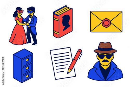 Anonymity Through History. Isometric vector illustration set History of anonymity: masked ball scene, pseudonymous books, sealed