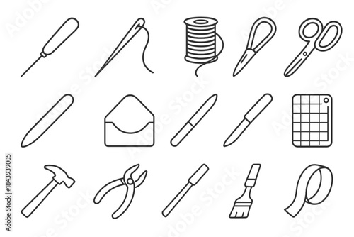 Binding Tools Icons. Line style icons of binding tools: awl, needle, waxed thread, scissors; bone folder, corner punch, paper