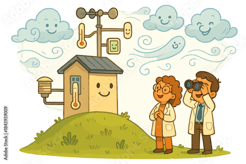 Joyful Weather Station. Weather station on a hill with smiling instruments, playful winds, and cheerful scientists watching the