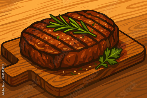 Gourmet Steak Delight. Gourmet steak garnished with herbs served on a rustic wooden board, illuminated by warm natural light, bold