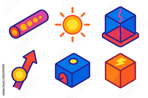 Photon Energy Icons. Isometric vector illustration set Photon Concept: particle beam, glowing photon icon, quantum box diagram,