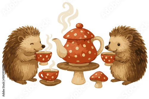 Hedgehogs' Mushroom Tea Ceremony. Medicinal fungi tea ceremony with mushroom cups, steaming herbal potions, and friendly hedgehogs