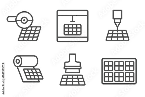 Solar Cell Iconography. Line style icons of Solar Cell Manufacturing: wafer cutting blade, deposition chamber, cell testing probe,