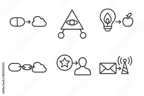 Semiotic Concept Icons. Line style icons of Semiotics Concepts: signifier-signified diagram, triangle of meaning, visual metaphor,