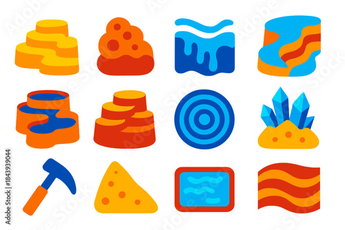 Travertine Terrace Icons. Flat vector icons of travertine terrace formation: layered terrace, mineral deposit, flowing water,