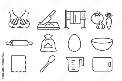 Culinary Line Icons. Line style icons of Culinary Workshop: Dough Kneading, Knife Slicing, Drying Rack, Fresh Produce; Rolling Pin