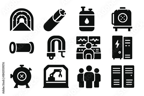 High Energy Physics Icons. Solid style icons of high energy physics labs: accelerator tunnel, superconducting cable, liquid helium