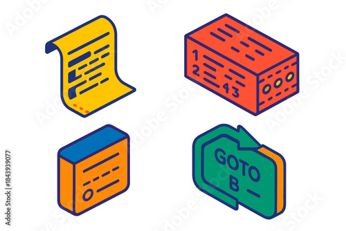 Obsolete Code Icons. Isometric vector illustration set Obsolete Code Concepts: COBOL snippet printout, Fortran deck, BASIC command