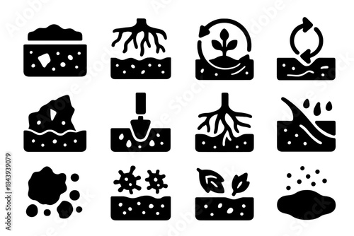 Post-Fire Soil Icons. Solid style icons of Post-fire soil: ash layer, charred roots, erosion pattern, nutrient cycle, exposed