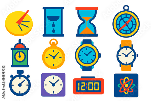 Timekeeping Icons Evolution. Flat vector icons of Timekeeping Evolution: sundial, water clock, hourglass, astrolabe, lantern clock