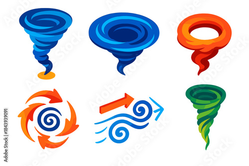 Vivid Vortex Icons. Isometric vector illustration set Vortex Phenomena: tornado spiral, whirlpool in water, smoke ring, cyclone