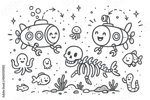 Cartoon Deep-sea Adventure. Joyful doodle deep-sea exploration with happy submersibles, cartoon creatures waving, smiling whale