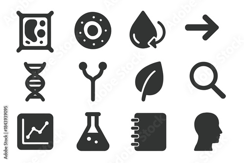 Cellular Mechanism Icons. Solid style icons of cellular and molecular mechanisms: plant cell, nucleus, chemical droplet, arrow,