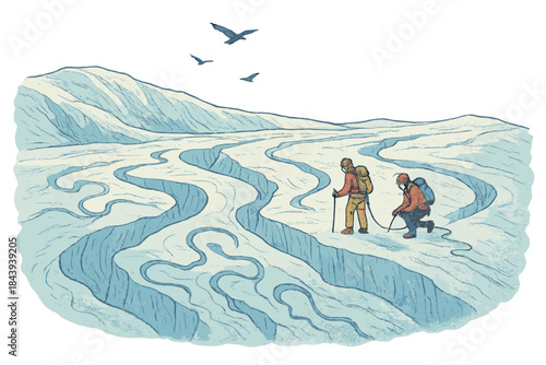 Climbers on Glacier Crevices. Glacier scene with cracks forming playful patterns, climbers studying them, and birds circling above