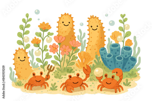 Underwater Garden Delight. Underwater garden with smiling sea cucumbers, coral flowers, pearl fruits, and busy crabs as gardeners