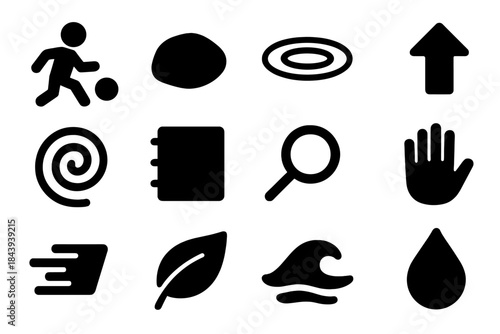 Recreational Skill Icons. Solid style icons of recreational play and skill practice: human silhouette, stone, water ripple, arrow,