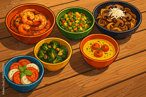 Gourmet Feast Displayed. Vibrant assortment of gourmet dishes served in colorful bowls on a vector illustration rustic wooden
