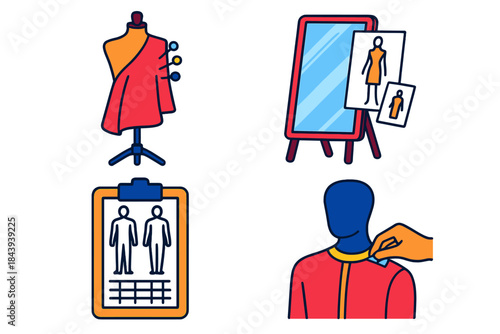 Garment Fitting Essentials. Isometric vector illustration set Garment Fitting Essentials: Mannequin with pinned fabric, fitting