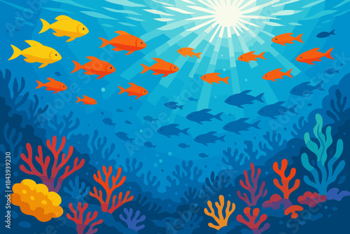 Underwater Coral Symphony. Vibrant underwater scene with schools of colorful fish swimming over a coral reef, bright sunlight