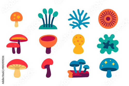 Fungal Icon Collection. Flat vector icons of Fungal Growth: tiny mushroom, mold cluster, white mycelium, spore print, bracket