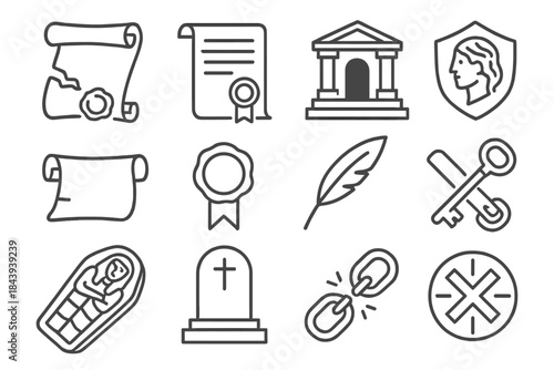Royal Secrets Line Icons. Line style icons of Royal Secrets: Broken Seal, Imperial Decree, Tomb, Lost Lineage; Scroll, Wax Stamp,