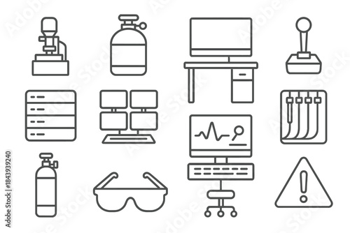 High-Tech Lab Icons. Line style icons of high-tech lab: cryo microscope, cooling tank, workstation desk, control joystick; data